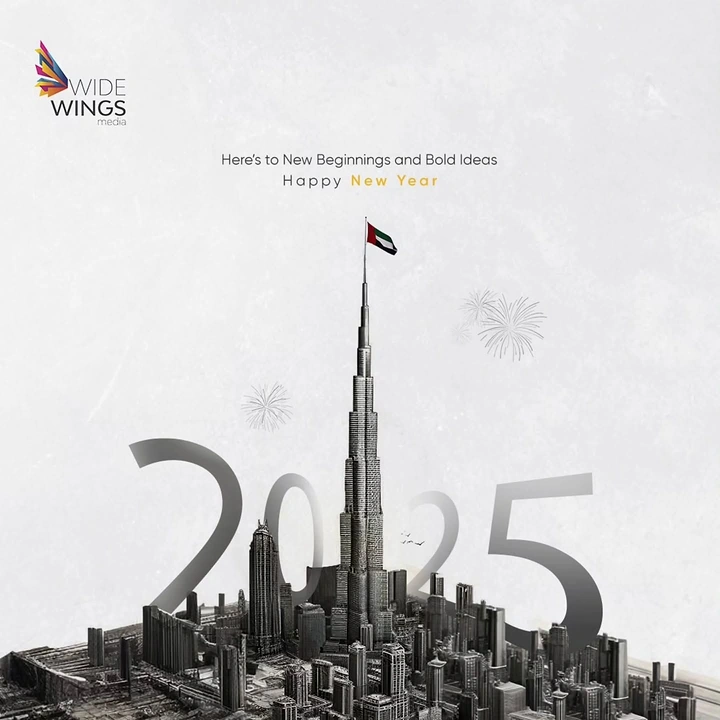 New Year creative ad: Monochrome Dubai skyline with Burj Khalifa rising through large 2025 numerals