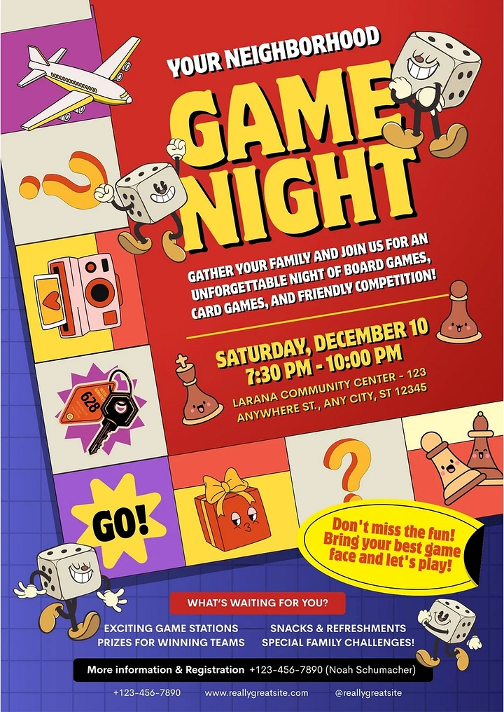 Board Games & Game Cafes creative ad: Playful dice-and-cards event poster