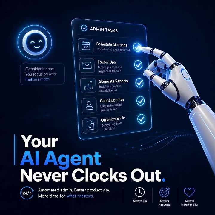 Virtual Assistant Services creative ad: Clock-out pun with admin task checklist
