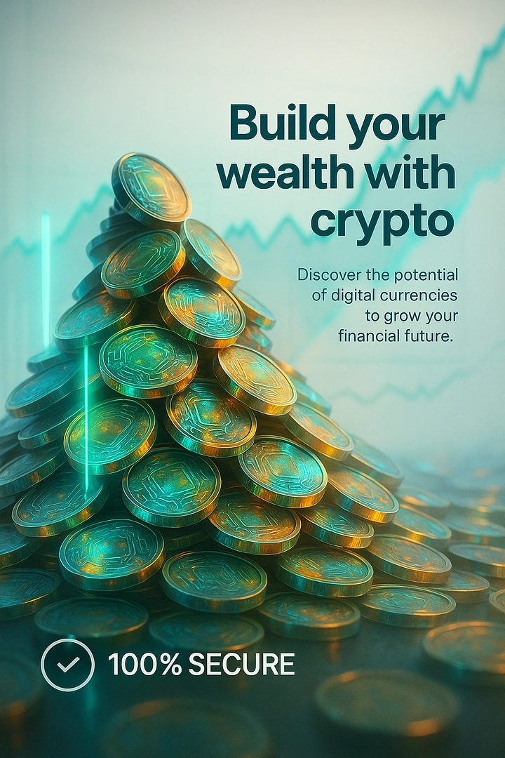 Stock Brokers & Investing creative ad: Pyramid pile of teal-gold crypto coins