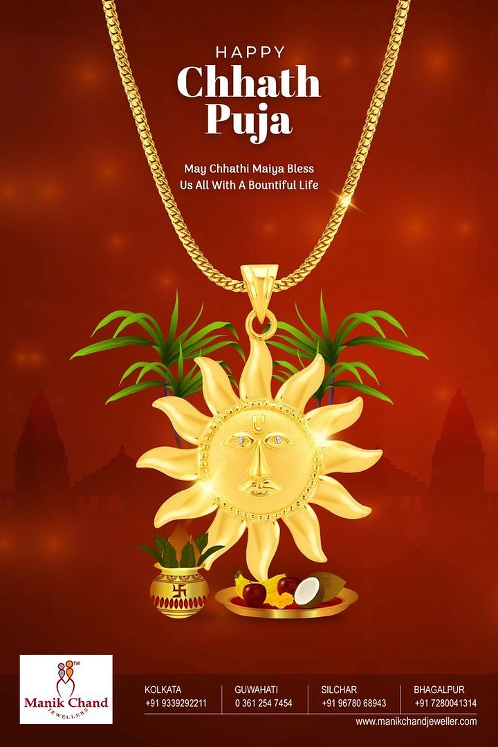 Chhath Puja creative ad: Gold Surya-face sun pendant on chain with Chhath offerings