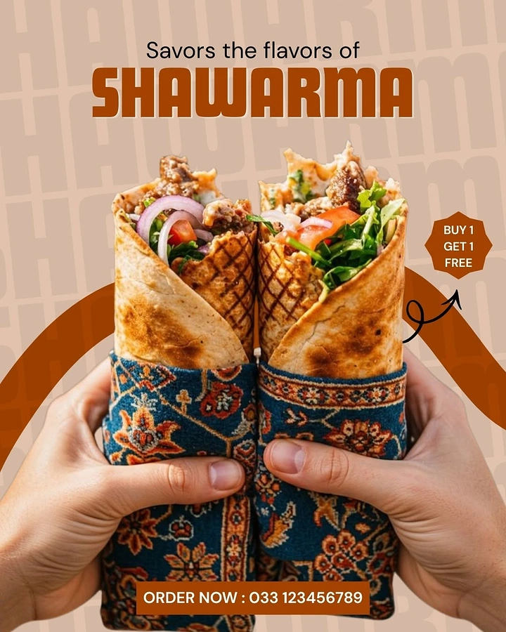 Arabic & Middle Eastern Restaurants creative ad: Traditional patterned sleeves elevate product styling