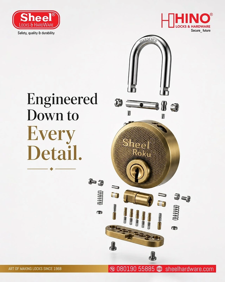 Locksmiths creative ad: Exploded padlock shows engineered detail