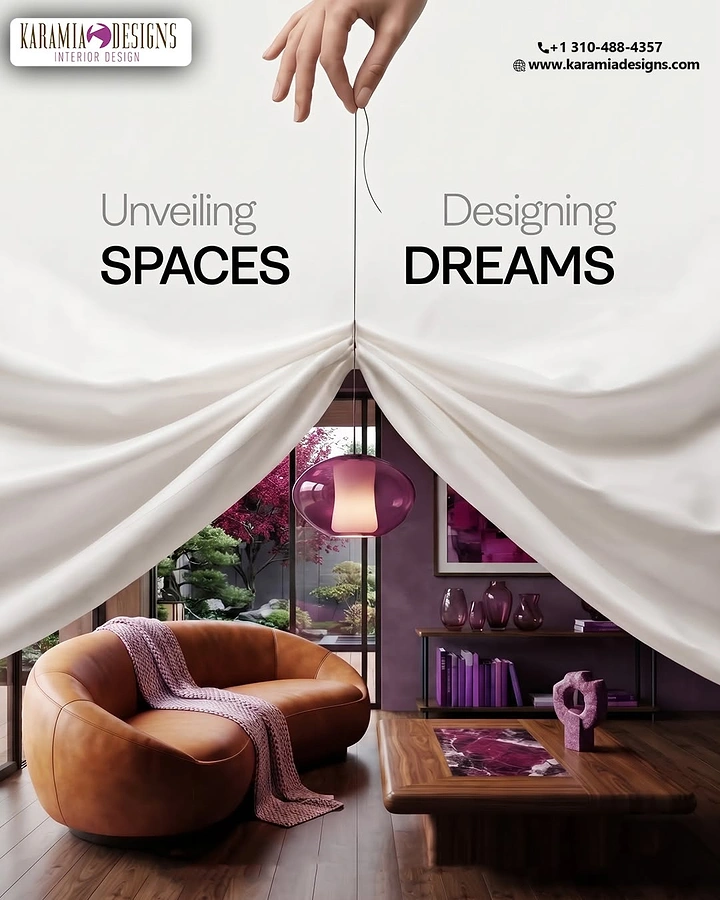 Creative ad: Hand lifting a white fabric drape to reveal a plum-accented living room