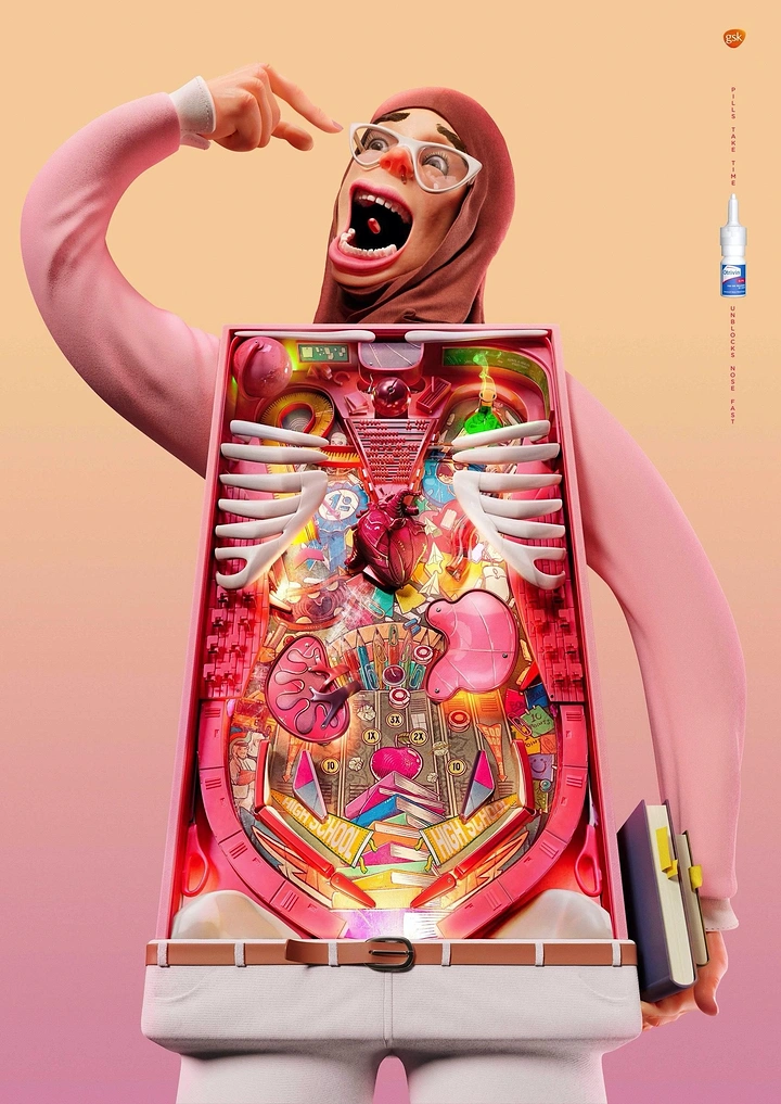 Pharma creative ad: 3D character whose torso is a pinball machine, with a pill in her open mouth