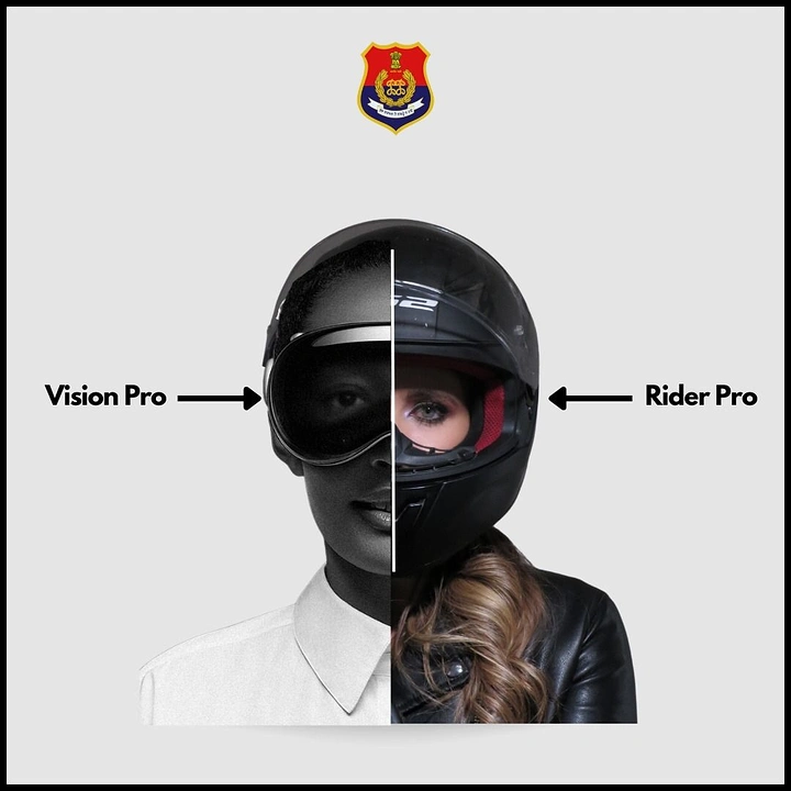 Helmets & Riding Gear creative ad: Split-face vision versus rider metaphor