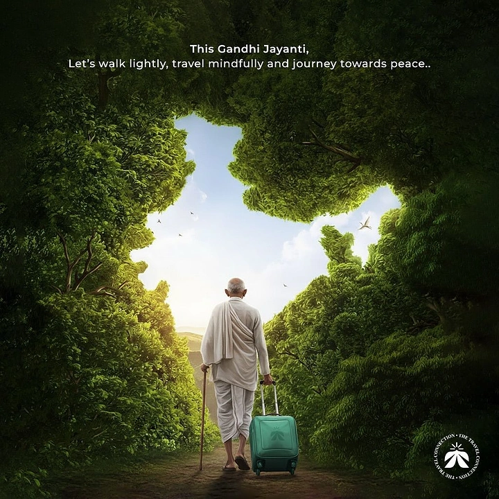 Gandhi Jayanti creative ad: Gandhi seen from behind with a suitcase, walking toward a sky opening shaped like India