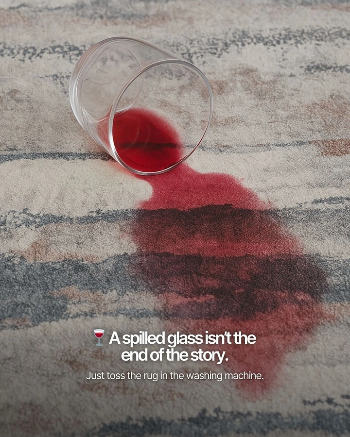 Rugs & Carpets creative ad: Wine spill proves the washable-rug promise