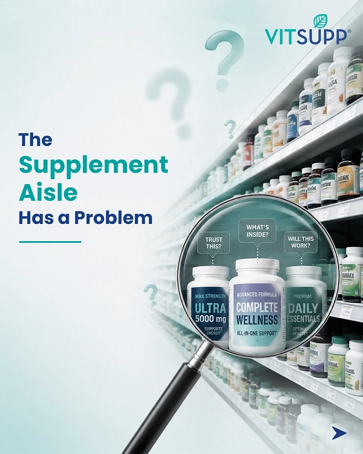 Supplements & Protein creative ad: Magnifying glass over supplement bottles on a store shelf