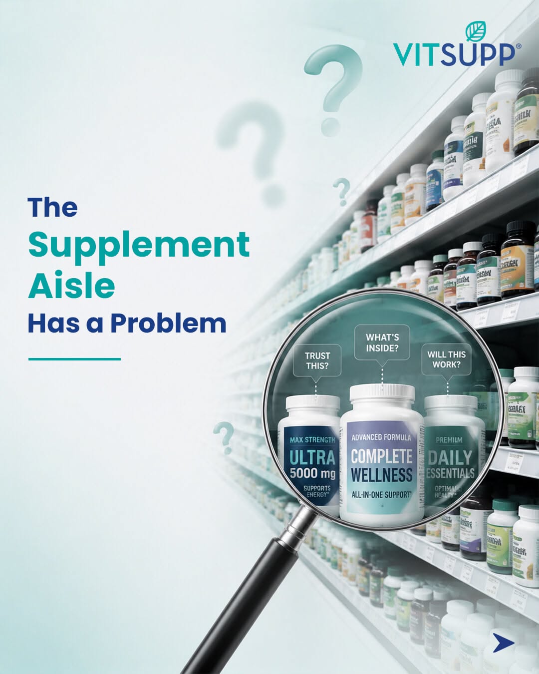 Carousel: Magnifying glass over supplement bottles on a store shelf, slide 1