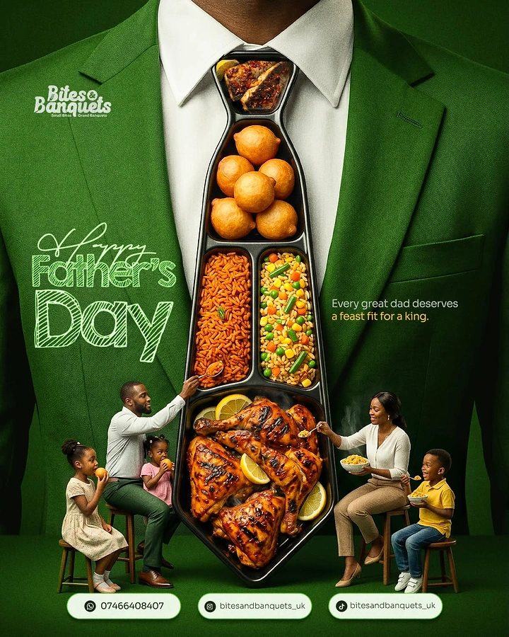 Father's Day creative ad: Necktie-shaped compartment tray of Nigerian food on a green suit