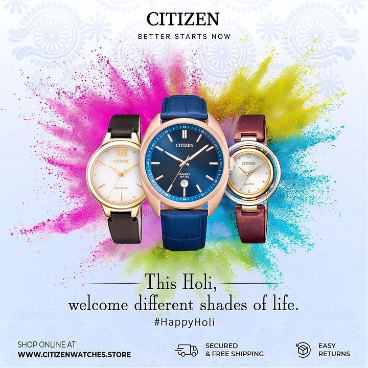 Holi creative ad: Three leather-strap wristwatches over a multicolour powder burst