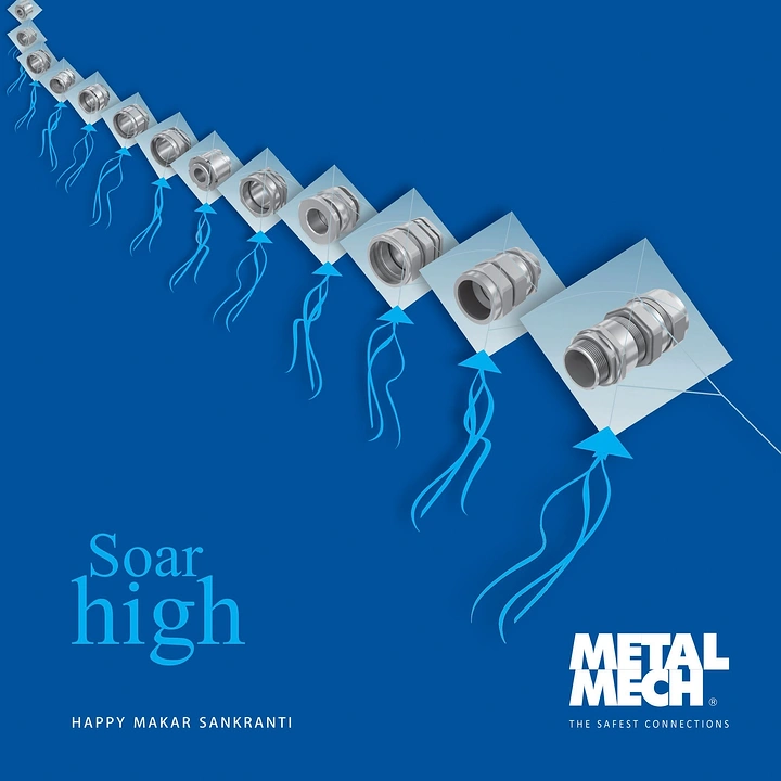 Makar Sankranti creative ad: Cable gland products shown as a diagonal line of flying kites