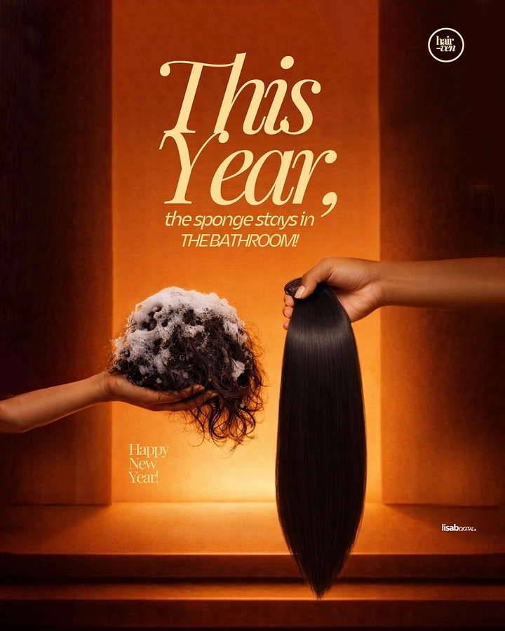 New Year creative ad: Hand holding foamy tangled hair like a sponge beside a hand holding sleek straight hair bundle