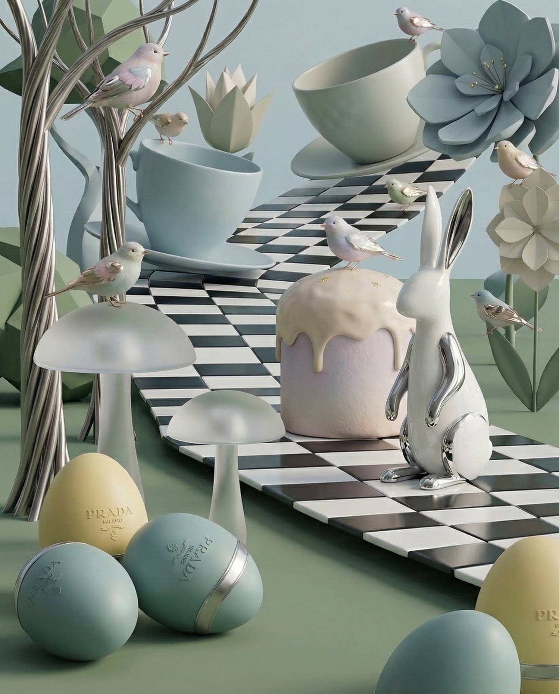 Easter Instagram post: Surreal pastel wonderland with chrome-accented bunny, Easter cake and branded eggs