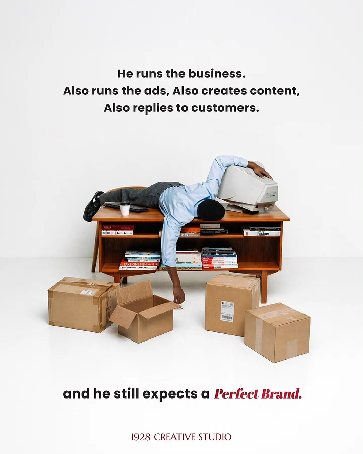 Agency creative ad: Exhausted founder doing everything, witty copy