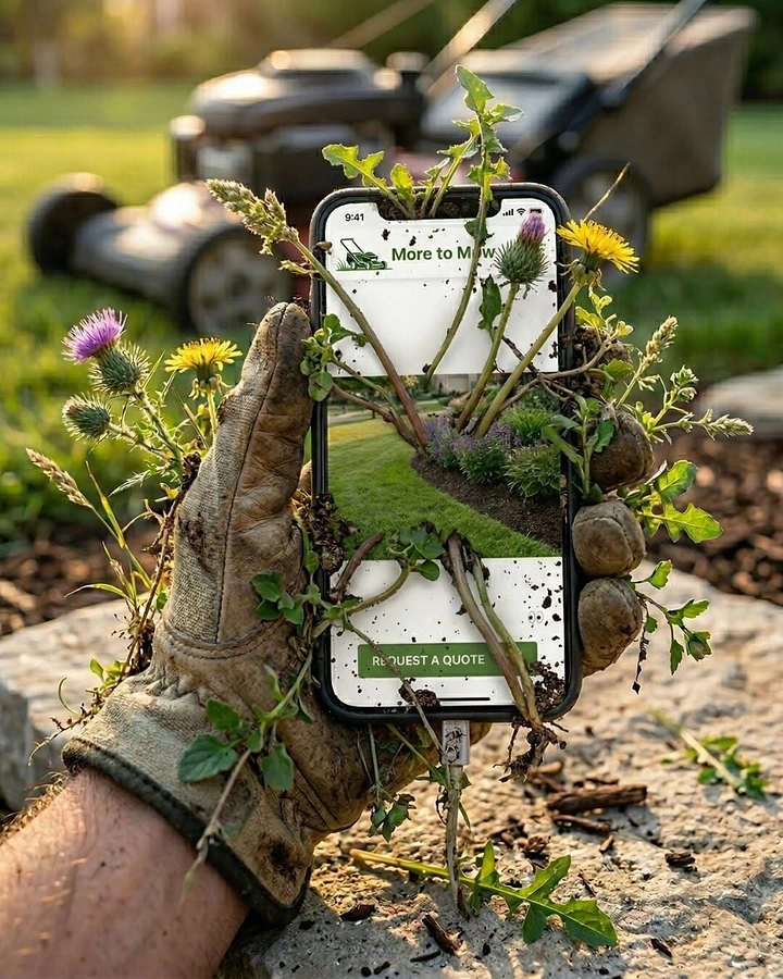 Landscaping & Gardening creative ad: Weeds bursting out of phone screen