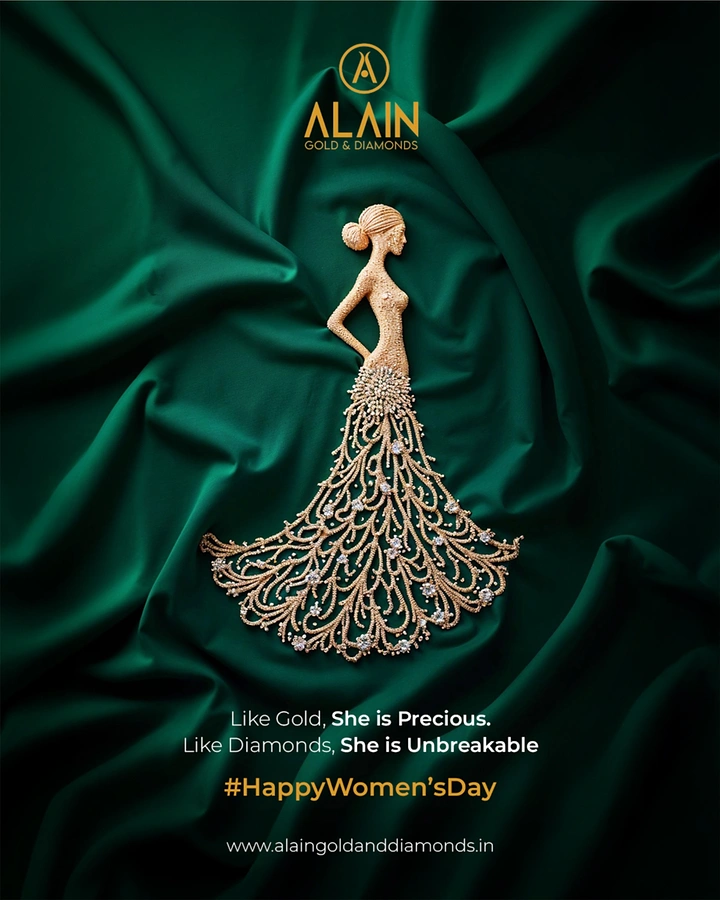 Women's Day creative ad: Gold and diamond jewellery shaped as a woman in a flowing gown