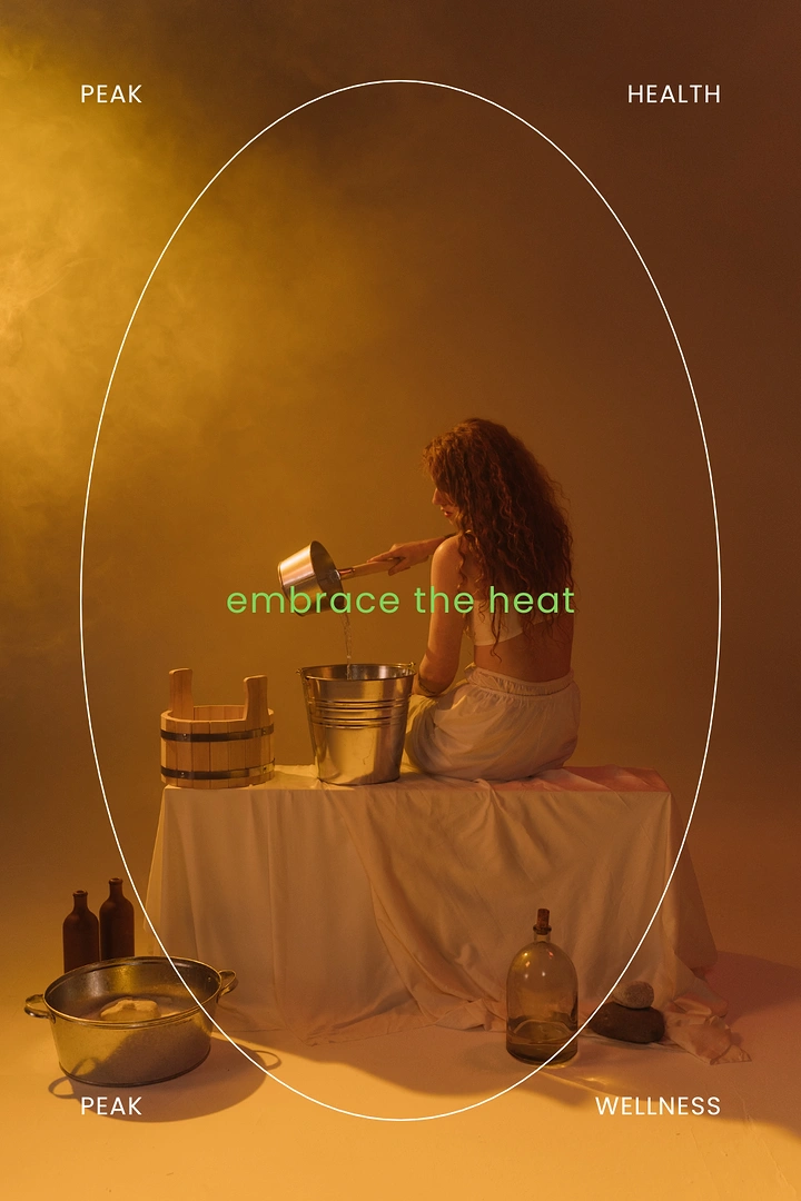 Spa & Massage creative ad: Editorial sauna scene, oval frame, warm heat mood