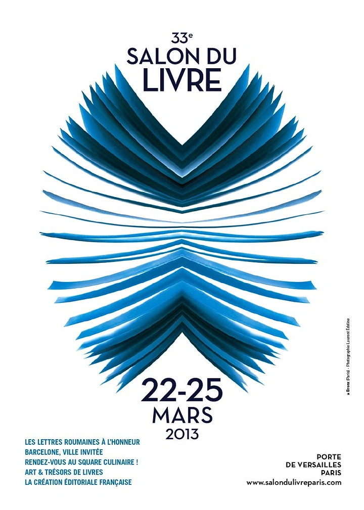 other-festival creative ad: A symmetrical abstract open book constructed from layered blue page forms