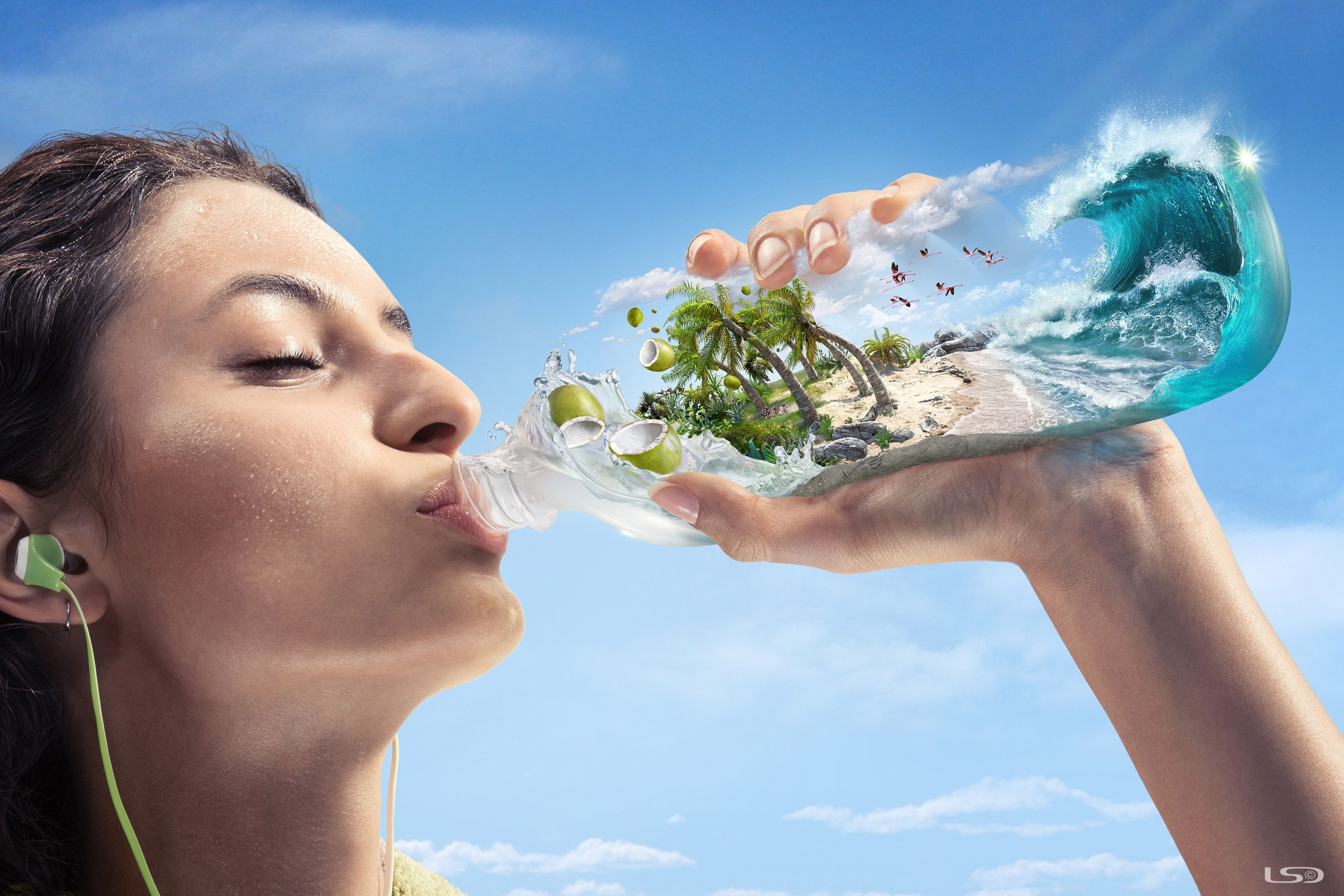 Banner: Woman drinking from a bottle morphed into a tropical island and wave