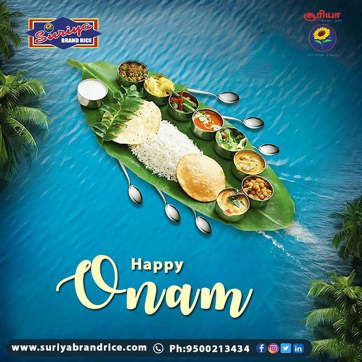 Onam creative ad: Banana-leaf sadya shaped like a snake boat on backwater