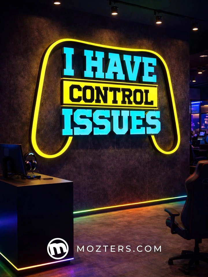 Gaming & Esports creative ad: Controller-shaped neon sign, 'control issues' pun
