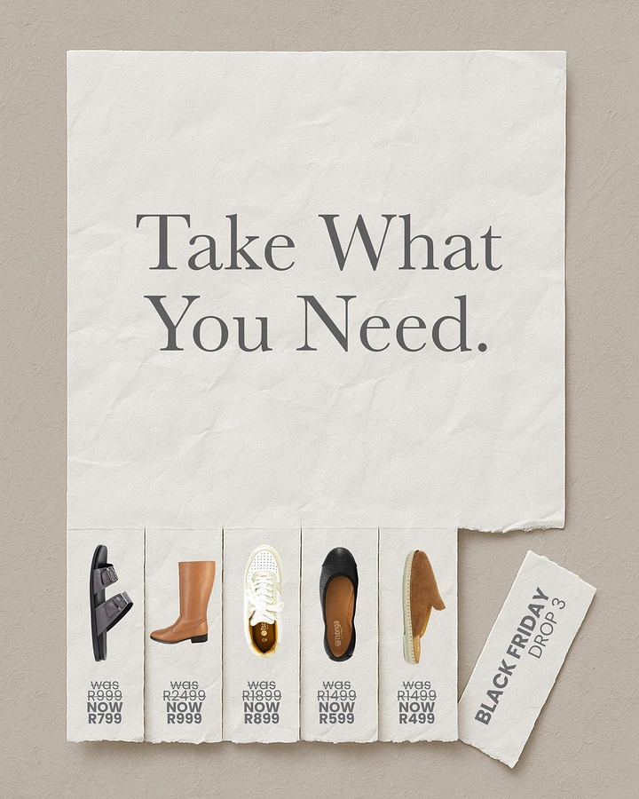 Black Friday creative ad: Tear-off paper flyer with shoe product tabs
