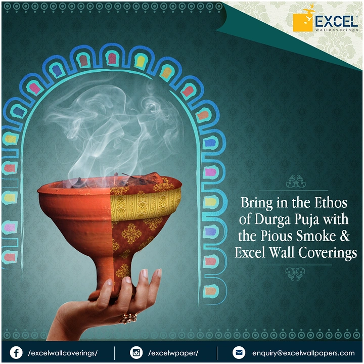 Durga Puja creative ad: Hand holding clay dhunuchi half-wrapped in patterned wallpaper
