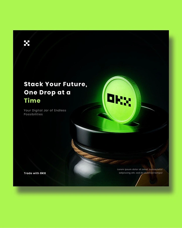 Stock Brokers & Investing creative ad: Glowing neon-green coin dropping into a dark glass jar