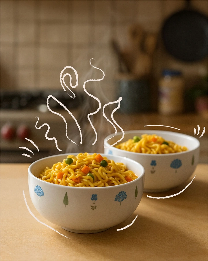 Tableware & Crockery creative ad: Illustrated steam animates noodle bowls