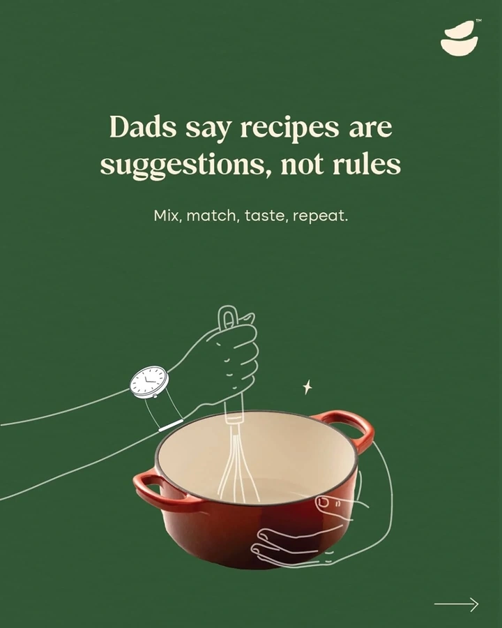 Father's Day creative ad: Real red cast-iron pot with line-drawn hands whisking
