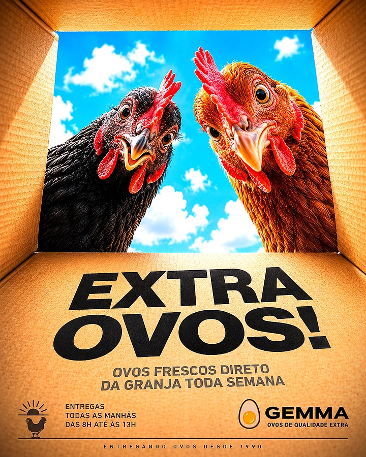 Agriculture, Seeds & Fertilizers creative ad: Two hens peering down into an open cardboard box