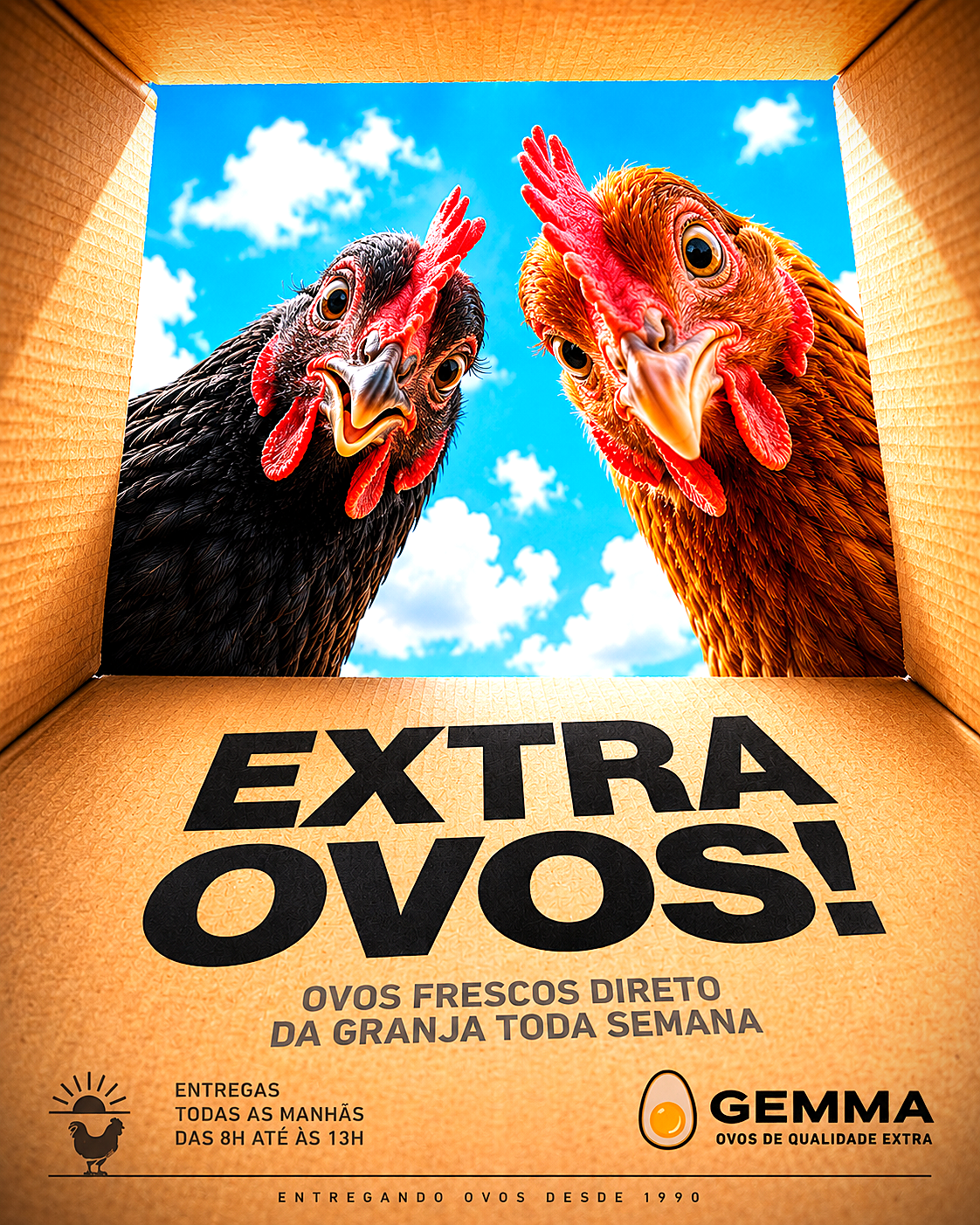Instagram post: Two hens peering down into an open cardboard box
