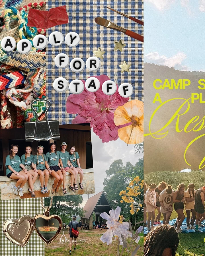 Summer Camps & Kids Activities creative ad: Staff recruitment collage uses cutout letterplay