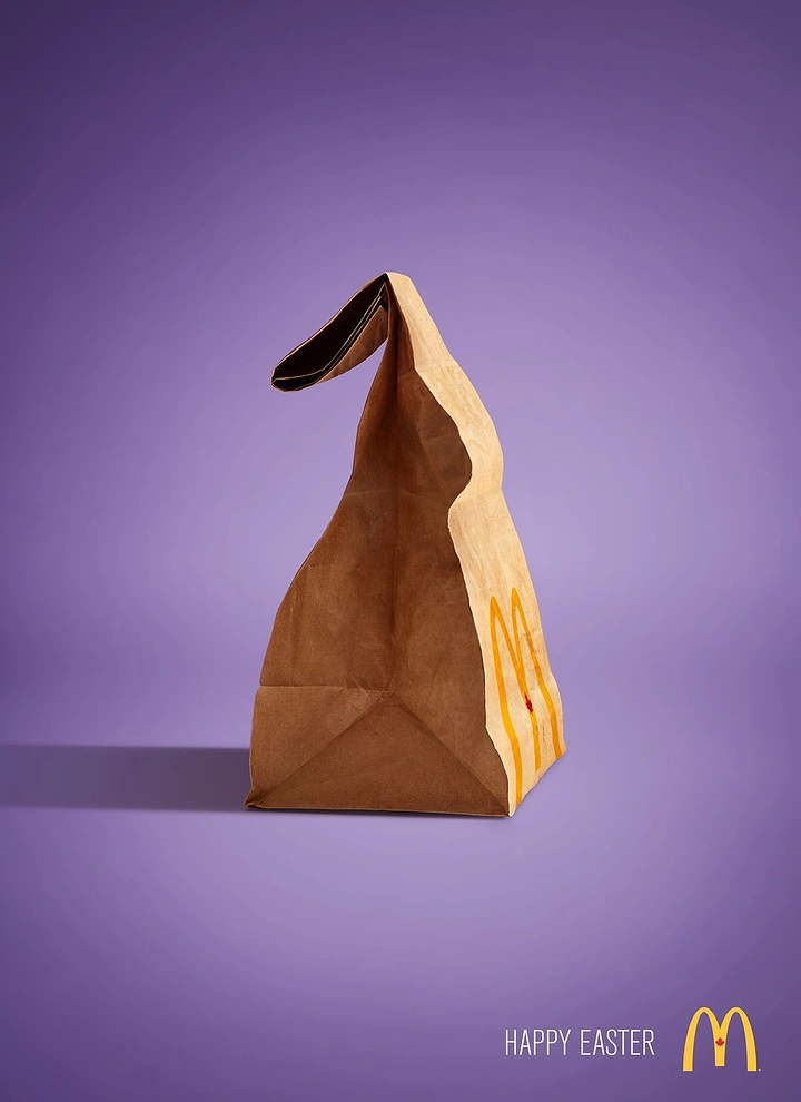 Easter creative ad: Brown paper takeaway bag folded into a bunny-ear shape