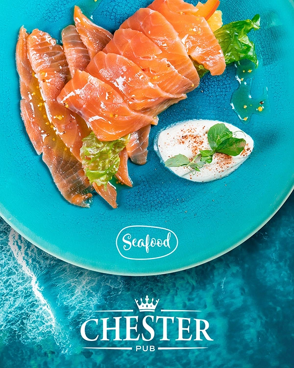Seafood Restaurants creative ad: Salmon plate floats over ocean texture