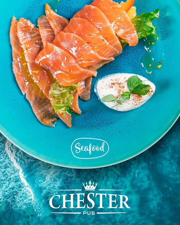 Instagram post: Salmon plate floats over ocean texture