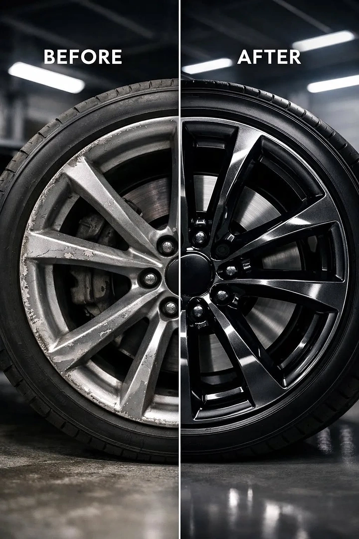 Car Wash & Detailing creative ad: Before/after split across one wheel