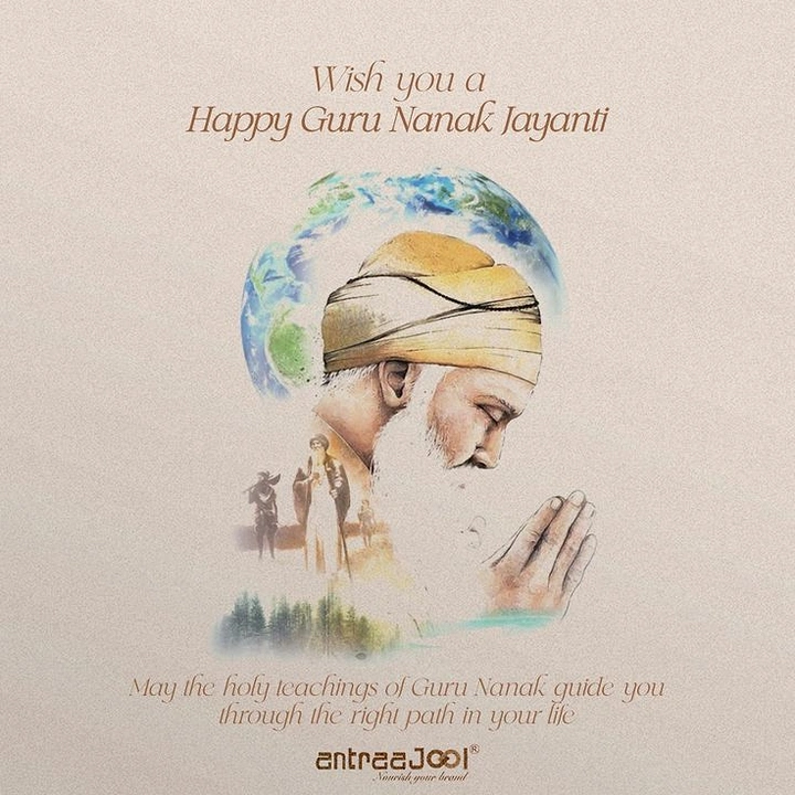Guru Nanak Jayanti creative ad: Watercolour profile of the Guru in prayer with a globe halo