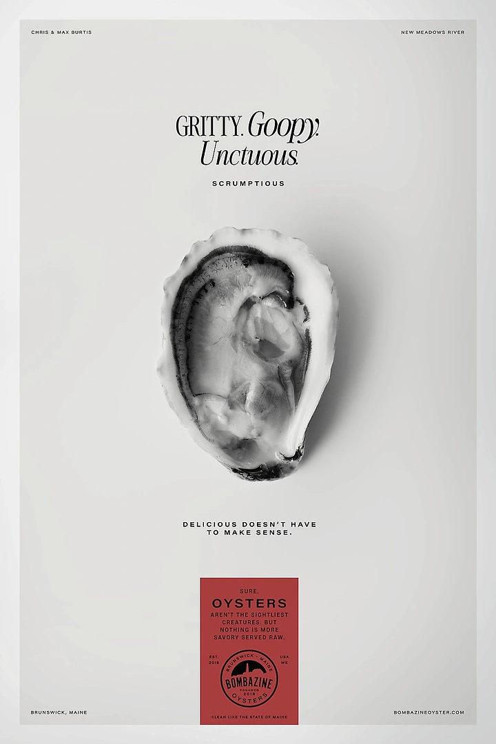 Seafood Restaurants creative ad: Sensory oyster copy supports minimal concept