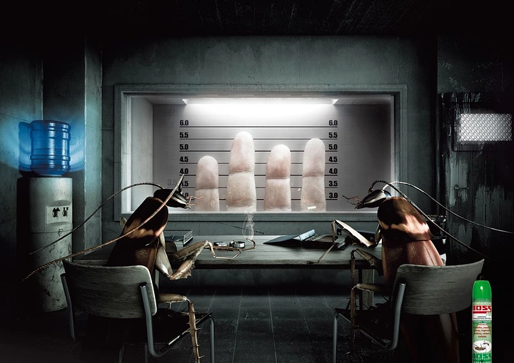 Pest Control creative ad: Roaches at police lineup of fingers