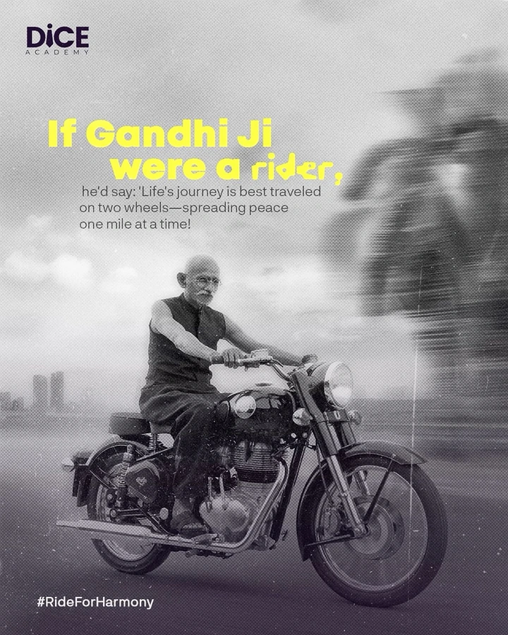 Gandhi Jayanti creative ad: Gandhi lookalike riding a classic motorcycle in black-and-white