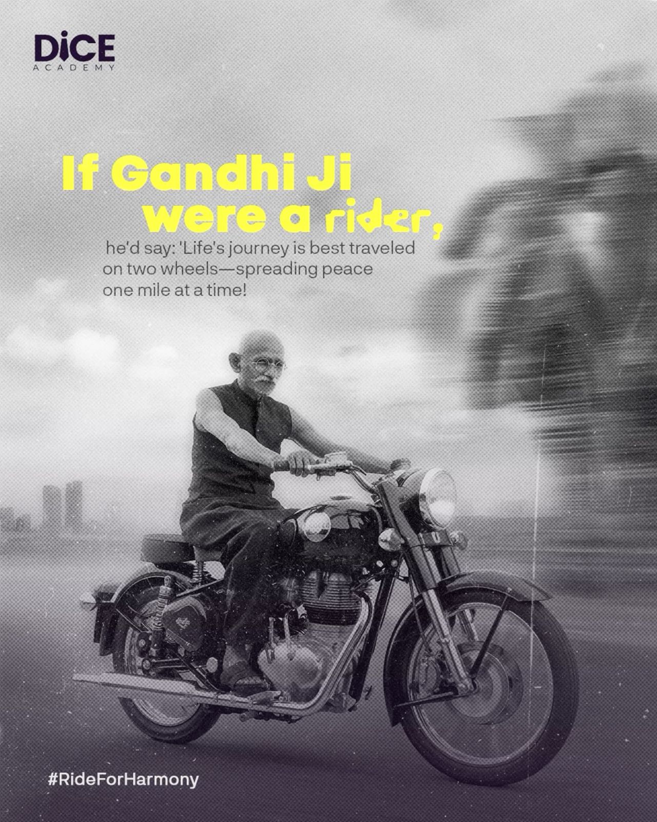 Gandhi lookalike riding a classic motorcycle in black-and-white