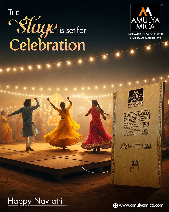 Navratri creative ad: Garba dancers on a wooden stage beside a standing plywood sheet