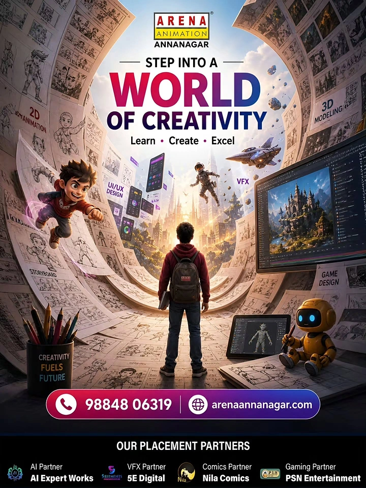 Education creative ad: Student entering an expansive mixed-media world of animation and digital creativity