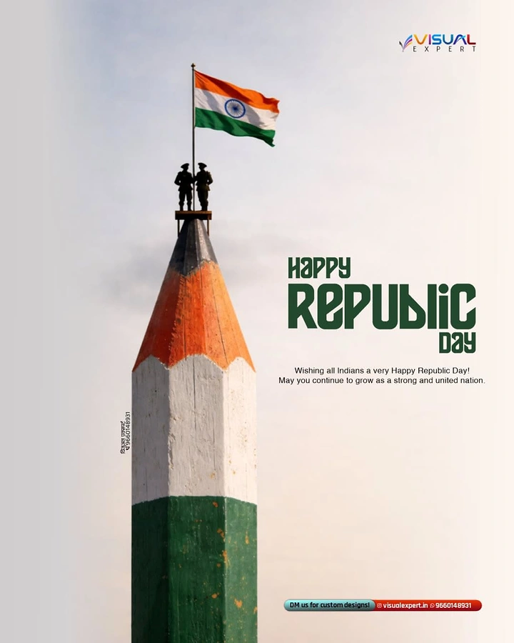Republic Day creative ad: Giant tricolour-painted pencil with two soldiers raising the flag at its tip