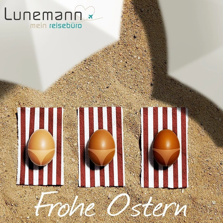 Easter creative ad: Three brown eggs sunbathing on striped towels with bikini tan lines