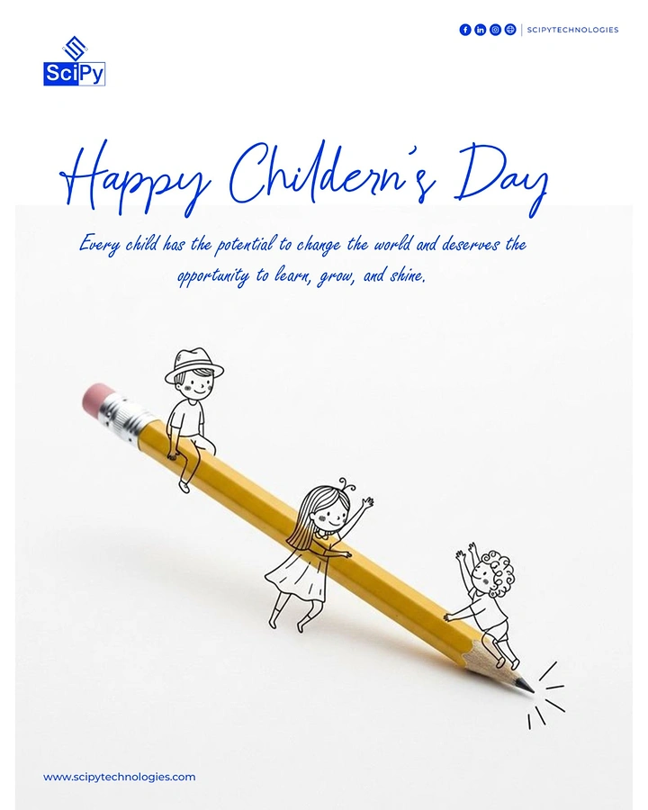 Children's Day creative ad: Real yellow pencil with doodled children playing on it