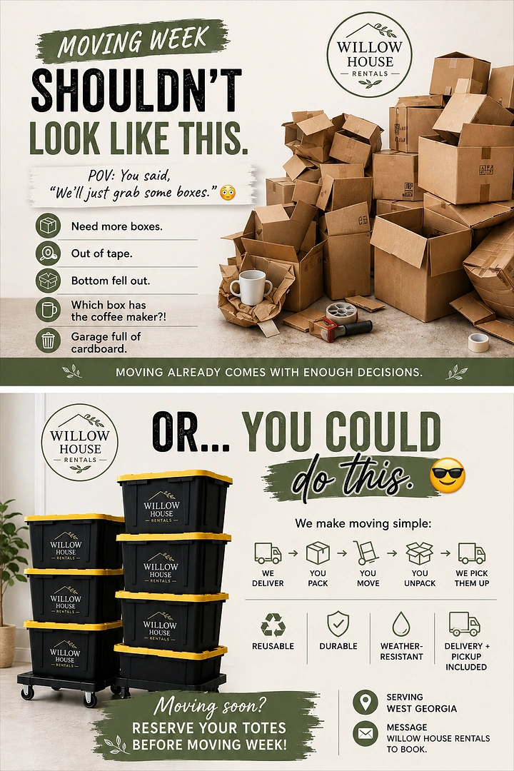Movers & Packers creative ad: Cardboard chaos versus reusable totes comparison